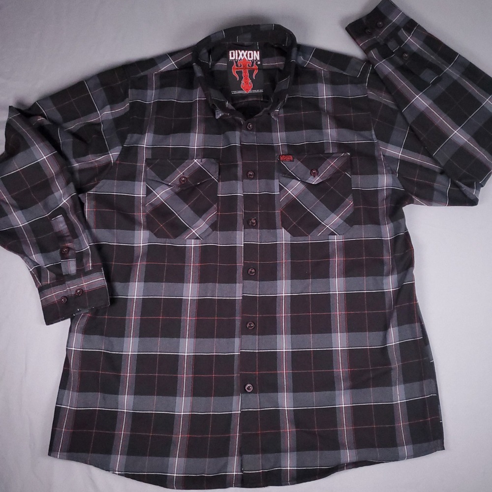 Dixxon Counts Kustoms Button Down Shirt Mens 2XL Black Grey Flannel Plaid D-Tech